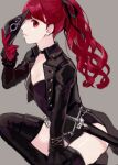  1girl bangs black_footwear black_jacket black_legwear boots breasts closed_mouth from_side grey_background hair_ribbon holding holding_mask jacket leotard long_hair long_sleeves mask persona persona_5 persona_5_the_royal ponytail profile red_eyes red_hair ribbon sheath sheathed simple_background small_breasts solo thigh_boots thighhighs tyo197snh weapon yoshizawa_kasumi 