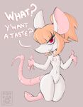  4_fingers absurd_res animal_humanoid anthro blonde_hair dialogue female fingers flat_chested hair hi_res humanoid mammal mammal_humanoid mouse mouse_humanoid murid murid_humanoid murine murine_humanoid ponporio_(artist) ponytail rodent rodent_humanoid smug solo 