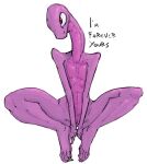  anthro dialogue feet female genitals purple_body pussy red_eyes reptile scalie snake solo text yamagah 