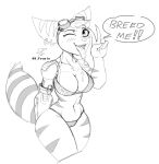  anthro blush bodily_fluids bra breasts camel_toe clothing dialogue dirty_talk dpronin ear_piercing eyewear female fur goggles goggles_on_head hair lombax mammal panties piercing prosthetic prosthetic_arm prosthetic_limb ratchet_and_clank rivet_(ratchet_and_clank) saliva saliva_on_breasts saliva_on_tongue sketch solo sony_corporation sony_interactive_entertainment stripes tongue tongue_out underwear video_games 
