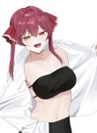  1girl absurdres bangs blush breasts heterochromia highres hololive houshou_marine long_hair looking_at_viewer navel open_clothes red_eyes red_hair ribbon sewally2 smile solo twintails virtual_youtuber yellow_eyes 