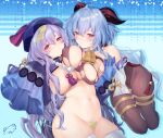  2girls ahoge alternate_breast_size bangs bare_shoulders bead_necklace beads bell blue_hair blue_headwear blush bodystocking breast_grab breast_press breasts brown_legwear detached_sleeves dress ganyu_(genshin_impact) genshin_impact grabbing hat horns jewelry jiangshi large_breasts long_hair looking_at_viewer multiple_girls navel necklace obiwan ofuda older pantyhose purple_eyes purple_hair qing_guanmao qiqi_(genshin_impact) shrug_(clothing) sleeves_past_fingers sleeves_past_wrists thighhighs thighs torn_clothes very_long_hair white_dress white_legwear wide_sleeves 