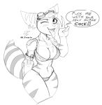  anthro blush bodily_fluids bra breasts camel_toe clothing dialogue dirty_talk dpronin ear_piercing eyewear female fur goggles goggles_on_head hair lombax mammal panties piercing prosthetic prosthetic_arm prosthetic_limb ratchet_and_clank rivet_(ratchet_and_clank) saliva saliva_on_breasts saliva_on_tongue sketch solo sony_corporation sony_interactive_entertainment stripes tongue tongue_out underwear video_games 