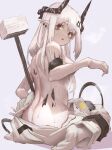  1girl absurdres arknights armband ass bangs breasts commentary_request convenient_arm from_behind grey_background hammer highres horns long_hair looking_at_viewer looking_back medium_breasts mudrock_(arknights) neg_(101neg) no_shoes parted_lips pointy_ears red_eyes silver_hair simple_background sitting socks solo sweat topless wariza weapon white_legwear 