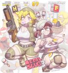  2girls absurdres alien artist_name bandana baseball_cap beard blonde_hair bomb box breasts brown_hair chewing_gum cleavage commentary_request constricted_pupils copyright_name crop_top curvy domaguri explosive facial_hair fio_germi glasses green_shorts grenade gun hair_between_eyes hair_over_eyes hat heavy_machine_gun highres kasamoto_eri knee_pads korean_commentary large_breasts machine_gun metal_slug metal_slug_3 military_vehicle motor_vehicle multiple_girls red_eyes round_eyewear shell_casing shirt short_shorts shorts sv001_(metal_slug) tank thick_thighs thighs tongue tongue_out torn_clothes torn_shirt twintails weapon 