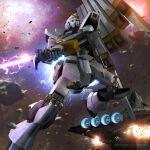 3d absurdres asteroid axis_(gundam) battle beam_saber blurry blurry_foreground char&#039;s_counterattack damaged debris energy explosion fake_screenshot fin_funnels glowing glowing_eyes green_eyes gundam highres machinery mecha mecha_focus mobile_suit nebula no_humans nu_gundam realistic robot s.hasegawa science_fiction space star_(sky) thrusters v-fin zero_gravity 