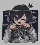  1boy ;d black_hair buttons checkered checkered_neckwear checkered_scarf cropped_torso crown danganronpa_(series) danganronpa_v3:_killing_harmony double-breasted flipped_hair gradient_hair grey_background grey_jacket hair_between_eyes hands_up jacket kara_aren long_sleeves lower_teeth male_focus multicolored_hair one_eye_closed open_mouth ouma_kokichi purple_eyes purple_hair scarf short_hair smile solo straitjacket translation_request two-tone_hair 