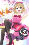  1girl :d absurdres bangs beads blonde_hair blue_eyes blush bow braixen collarbone commentary_request dress eyelashes gen_6_pokemon gloves high_heels highres looking_at_viewer medium_hair open_mouth pancham pink_gloves pokemon pokemon_(anime) pokemon_(creature) pokemon_xy_(anime) red_bow serena_(pokemon) smile sparkle stigma1101 sylveon thighhighs tongue 