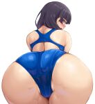  ass bangs bare_shoulders bent_over black_hair blue_swimsuit blunt_bangs blush brown_eyes competition_swimsuit female_pubic_hair from_behind idolmaster idolmaster_shiny_colors long_hair looking_at_viewer looking_back mayuzumi_fuyuko namidame one-piece_swimsuit open_mouth pubic_hair pubic_hair_peek swimsuit transparent_background v-shaped_eyebrows 