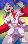  3_toes 4_fingers alice_the_rabbit anthro bare_shoulders big_breasts bloody_roar blue_hair bottomwear breasts buckteeth cleavage clothed clothing cotton_tail curvaceous curvy_figure digital_media_(artwork) duo eyelashes feet female fingers fur gesture hair hi_res hotpants human lagomorph leporid long_ears looking_at_viewer mammal open_mouth overalls pigtails pink_clothing prinnydood rabbit red_eyes red_sclera shorts smile teeth thick_thighs toes v_sign video_games voluptuous were werelagomorph wererabbit white_body white_fur wide_hips 