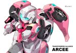  1girl arcee autobot bia_(blue_mach_b) blue_eyes character_name gun handgun leaning_forward mecha no_humans object_kiss pistol science_fiction solo transformers twitter_username visor weapon white_background 