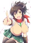  1girl arm_guards asuka_(senran_kagura) bandages breasts brown_hair cherry_blossoms green_neckwear hair_ribbon highres index_finger_raised iwami_kyuuto large_breasts long_hair looking_at_viewer necktie ninja open_mouth outstretched_hand pointing ponytail red_scarf ribbon scarf senran_kagura shirt sitting skirt smile sweater_vest thighhighs vest white_shirt yellow_eyes 