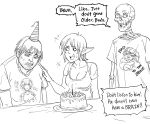  bb_(baalbuddy) birthday_cake birthday_hat bodily_fluids bone cake candle canid canine clothing dessert elf english_text female food hi_res human humanoid humanoid_pointy_ears male mammal monochrome neon_genesis_evangelion rei_ayanami simple_background skeleton sweat text 