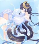  1girl absurdly_long_hair animal_hug black_dress black_hair blue_background blue_hair commentary_request crescent dress frilled_dress frills highres jellyfish kiryu_(sora_no_iroto) long_hair low_twintails million_production multicolored_hair no_lineart off-shoulder_dress off_shoulder short_dress sidelocks solo streaked_hair twintails very_long_hair virtual_youtuber yuragi_yura 