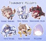  5girls :d ^_^ ahoge akubi_demonspade amakami_konomi animal_ears aqua_eyes aqua_hair bandeau black_footwear black_hair black_hat black_shorts black_skirt blonde_hair blue_background blue_eyes blue_hair blue_skirt blunt_bangs brown_eyes brown_hair character_name chibi chibi_only claw_pose closed_eyes commentary_request criss-cross_halter dotted_line drooling eighth_note fang grey_hair grid_background hair_ornament halterneck hat headphones headphones_around_neck heart heart_ahoge heterochromia highres hood hood_up horned_hat kiryu_(sora_no_iroto) long_hair looking_at_viewer milichan million_production miniskirt multicolored_hair multiple_girls musical_note musical_note_hair_ornament nonono_nono open_mouth orange_eyes otonose_raco otter_ears otter_girl otter_tail outline pink_eyes pixel_text pleated_skirt purple_hair red_eyes shoes shorts sidelocks skin_fang skirt smile sneakers split-color_hair streaked_hair tail v-shaped_eyebrows virtual_youtuber white_bandeau white_outline wolf_ears wolf_girl wolf_tail x_hair_ornament yuragi_yura 