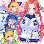  4girls arisu_(blue_archive) blue_archive blush cat_ear_headphones cat_tail controller dark_blue_hair game_controller green_eyes hair_ornament hair_ribbon happy headphones jacket looking_at_viewer moa_(21energy12) multiple_girls nyan_cat one_eye_closed open_mouth purple_eyes red_eyes red_hair ribbon school_uniform short_hair siblings tail twins 