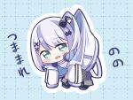  1girl bandeau black_footwear blue_background blue_eyes blush character_name chibi commentary_request dotted_line eighth_note fishnet_pantyhose fishnets grid_background hair_ornament highres jacket kiryu_(sora_no_iroto) long_hair long_sleeves million_production multicolored_hair musical_note musical_note_hair_ornament nonono_nono open_clothes open_jacket outline pantyhose purple_hair shoes single_leg_pantyhose solo streaked_hair virtual_youtuber white_bandeau white_hair white_jacket white_outline x_hair_ornament 