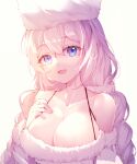  1girl avrora_(azur_lane) azur_lane bare_shoulders blue_eyes braid breasts cleavage dress eyebrows_visible_through_hair fur-trimmed_dress fur_hat fur_trim hand_on_own_chest hat highres large_breasts long_hair looking_at_viewer open_mouth shiro_kanae simple_background solo twin_braids upper_body very_long_hair white_background white_dress white_hair 