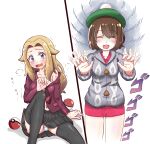  2girls :d absurdres afterimage arm_support blonde_hair blush breasts cardigan closed_eyes collarbone collared_dress dress gloria_(pokemon) green_hat grey_cardigan hand_up hat highres jacket lass_(pokemon) long_hair long_sleeves menacing_(jojo) multiple_girls navel necktie open_mouth pae_(ac40935_m41) panties pantyshot partially_visible_vulva pink_dress pleated_skirt poke_ball poke_ball_(basic) pokemon pokemon_swsh single_off_shoulder sitting skirt smile tam_o&#039;_shanter thighhighs underwear yuri 