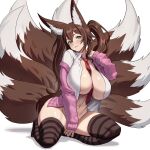  1girl absurdres animal_ear_fluff animal_ears between_legs blush breasts brown_hair brown_thighhighs cardigan collared_shirt fox_ears fox_girl fox_tail full_body hand_between_legs highres huge_breasts jacket kitsune kyuubi long_hair looking_at_viewer multicolored_hair multiple_tails navel necktie no_bra no_panties open_cardigan open_clothes open_jacket original pink_hair red_necktie seventeencrows shirt simple_background sitting smile solo streaked_hair striped_clothes striped_thighhighs tail thighhighs twintails two-tone_tail wariza white_background white_hair white_shirt 