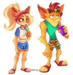  activision anthro bandicoot bottomwear clothing coco_bandicoot crash crash_bandicoot crash_bandicoot_(series) duo female hi_res male mammal marsupial rakkun13 shorts sportswear swimming swimming_trunks swimwear video_games 