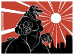 angry anthro back_spikes breasts city city_background claws colored_line_art crossgender fangs featureless_breasts featureless_crotch female godzilla godzilla_(series) kaiju light light_beam red_background scalie simple_background solo spiked_tail spikes spikes_(anatomy) sr_empanada sunbeam sunlight tail teeth toho white_line_art