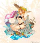  1girl ankle_lace-up arrow_(projectile) basket belly_chain bikini black_bikini blonde_hair blush bottle breasts cleavage company_name cross-laced_footwear da-kuro eros_(phantom_of_the_kill) flower hat heart-shaped_innertube highres innertube jewelry large_breasts looking_at_viewer necklace net official_alternate_costume official_art phantom_of_the_kill pink_innertube red_eyes sand sandals seashell second-party_source shawl shell shiny_skin short_hair simple_background skindentation solo starfish straw_hat swim_ring swimsuit two-tone_innertube water weapon_background white_innertube 