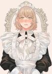  1girl alternate_costume blonde_hair bow bowtie breasts enmaided eyebrows_hidden_by_hair falin_touden falin_touden_(tallman) highres looking_at_viewer maid medium_breasts mirror sasakura34 simple_background unusually_open_eyes white_bow white_bowtie yellow_eyes 