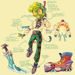  1boy alienssstufff alternate_costume blue_eyes colored_skin commentary dream_smp english_commentary english_text floral_print flower friendship_bracelet full_body glasses green_hair green_pants green_skin hand_up heart heart_print highres holding holding_sword holding_weapon long_sleeves looking_at_viewer male_focus minecraft_youtube monster_boy multicolored_footwear notes open_mouth pants print_pants print_shirt reference_sheet shirt shoes short_hair slime_(substance) slime_boy slimecicle sneakers solo standing stick sunflower sword weapon white_shirt wing_print yellow_background 