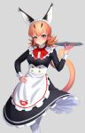  1girl :s absurdres alternate_costume apron black_dress blue_eyes blush bow bowtie caracal_(kemono_friends) caracal_ears caracal_girl caracal_tail coat collar cowboy_shot deku_suke dress enmaided extra_ears eyebrows_visible_through_hair frilled_collar frilled_cuffs frills grey_background hand_on_hip highres holding holding_tray kemono_friends kemono_friends_3 long_dress long_hair long_sleeves looking_at_viewer maid maid_apron maid_headdress official_alternate_costume orange_hair pantyhose red_neckwear simple_background solo tray white_coat white_legwear 