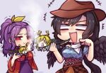  2girls black_hair black_wings blue_shirt bow brown_headwear brown_skirt cowboy_hat dragon_horns dragon_tail hat horns kicchou_yachie komakusa_sannyo kurokoma_saki laughing multiple_girls open_mouth pegasus_wings pipe pointing ponytail purple_background purple_hair red_eyes shirt skirt smoke tail touhou turtle_shell unime_seaflower wings 