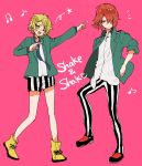  2boys ashikaga_hyouta bishounen_series blonde_hair dancing fukuroi_mitsuru green_shirt highres medium_hair multiple_boys necktie pants red_eyes red_footwear red_hair school_uniform shirt shorts striped striped_pants striped_shorts valhalla0707 yellow_eyes yellow_footwear yubiwa_high_school_uniform 