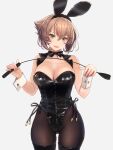  1girl animal_ears black_legwear black_leotard blush breasts brown_hair bunny_ears cleavage commentary cowboy_shot detached_collar fake_animal_ears green_eyes hair_between_eyes highres holding holding_whip kantai_collection kasumi_(skchkko) large_breasts leotard mutsu_(kancolle) open_mouth pantyhose playboy_bunny shiny shiny_clothes short_hair smile solo whip wrist_cuffs 