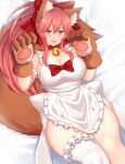  1girl animal_ear_fluff animal_ears apron arind_yudha bell bow breasts cat_hair_ornament cat_paws collar fate/grand_order fate_(series) fox_ears fox_girl fox_tail gloves hair_bow hair_ornament highres jingle_bell large_breasts leotard long_hair lying naked_apron neck_bell on_back orange_eyes paw_gloves paws pink_hair ponytail red_bow single_thighhigh solo tail tamamo_(fate)_(all) tamamo_cat_(fate) thighhighs white_apron white_legwear white_leotard 