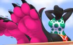  4_toes anthro barefoot black_body black_scales claws clothing dylbun feet female foot_focus hi_res looking_at_viewer nintendo outside plantigrade pok&eacute;mon pok&eacute;mon_(species) salazzle scales scalie sky smile soles solo stella_(cornchip21) toe_claws toes video_games wrinkled_feet 