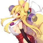  1girl animal_ears blonde_hair breasts closed_mouth eyebrows_visible_through_hair fox_ears fox_tail hair_between_eyes izuna_(shinrabanshou) japanese_clothes long_hair medium_breasts multiple_tails red_eyes saru_000 shinrabanshou sideboob simple_background smile solo tail thick_eyebrows white_background 
