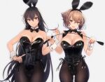  2girls absurdres animal_ears black_hair black_legwear black_leotard blush breasts brown_eyes brown_hair bunny_ears cleavage commentary cowboy_shot detached_collar fake_animal_ears green_eyes hair_between_eyes highres holding holding_whip kantai_collection kasumi_(skchkko) large_breasts leotard long_hair multiple_girls mutsu_(kancolle) nagato_(kancolle) open_mouth pantyhose playboy_bunny riding_crop shiny shiny_clothes short_hair smile whip wrist_cuffs 