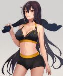  1girl alternate_costume anchor_symbol bikini black_bikini black_hair black_shorts black_towel breasts cleavage closed_mouth collarbone grey_background hair_between_eyes highres holding holding_towel kantai_collection kasumi_(skchkko) large_breasts long_hair nagato_(kancolle) navel red_eyes shorts simple_background solo sweat swimsuit towel 