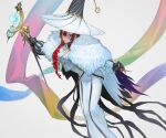  1girl dress fate/grand_order fate_(series) feather_boa hat highres long_dress long_hair miss_crane_(fate) purple_eyes red_hair smile staff waterstaring white_dress 