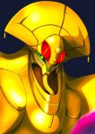  blue_background crossbone_gundam crossbone_gundam_ghost extra_eyes glowing glowing_eyes green_eyes gundam kaoru348 looking_down mecha midas_(mobile_suit) mobile_suit no_humans red_eyes science_fiction solo upper_body 