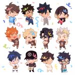  6+boys akaashi_keiji apron artist_name black_hair black_hat blonde_hair blue_hair blush_stickers bokuto_koutarou bombyoon brown_hair chibi chibi_only closed_mouth collared_shirt confetti fang fang_out full_body glasses grey_hair grey_pants grey_sweater_vest haikyuu!! hands_in_pockets hat highres hinata_shouyou iwaizumi_hajime jersey kageyama_tobio kozume_kenma kuroo_tetsurou male_focus miya_atsumu miya_osamu multicolored_hair multiple_boys necktie oikawa_tooru_(haikyuu!!) open_mouth orange_hair pants red_necktie sakusa_kiyoomi shirt short_hair short_sleeves shorts simple_background smile sportswear streaked_hair suna_rintarou sweater_vest two-tone_hair undercut v-shaped_eyebrows volleyball_uniform waist_apron white_background white_shirt 
