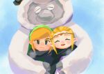  1girl 2boys :d ^_^ big_nose blonde_hair blue_background blue_eyes circlet closed_eyes colored_skin conde expressionless gem green_hat green_tunic grey_skin hat highres hug link mouyi multiple_boys pointy_ears princess_zelda purple_robe red_gemstone robe scarf signature smile the_legend_of_zelda the_legend_of_zelda:_echoes_of_wisdom tunic white_fur yeti_(creature) 