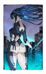  1girl android aqua_eyes ass back bangs black_hair breasts building cityscape highres joints long_hair looking_to_the_side medium_breasts night night_sky original robot_joints signo_aaa sky skyscraper sword thighs twintails weapon 