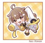  1girl :3 :d ahoge animal_ears asymmetrical_footwear bandaid bandaid_on_arm bandaid_on_face black_footwear black_shirt black_skirt blonde_hair blunt_bangs blush border brown_hair character_name chibi collared_shirt commentary_request crossed_bandaids fang gingham_background headphones headphones_around_neck highres jacket kiryu_(sora_no_iroto) long_hair long_sleeves million_production miniskirt mismatched_footwear multicolored_eyes multicolored_hair necktie off_shoulder open_mouth otonose_raco otter_ears otter_girl otter_tail outline pink_eyes shell_hair_ornament shirt skirt sleeveless sleeveless_shirt sleeves_past_fingers sleeves_past_wrists smile solo streaked_hair tail v-shaped_eyebrows virtual_youtuber white_border white_headphones white_jacket white_outline yellow_eyes yellow_footwear yellow_necktie 