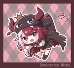  1girl :d akubi_demonspade argyle_background black_cape black_footwear black_hat black_shorts blush border brooch brown_border cape character_name chibi collared_shirt commentary_request crown dress_shirt fang grey_hair hat highres holding holding_staff horned_hat jewelry kiryu_(sora_no_iroto) long_hair long_sleeves looking_at_viewer million_production multicolored_hair open_mouth pixel_text red_background red_hair shirt shoes shorts smile sneakers solo spade_brooch split-color_hair staff virtual_youtuber white_shirt 