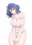  1girl antenna_hair armpits bare_arms bare_legs bare_shoulders bikini blue_hair blush breasts brown_eyes cleavage collarbone cowboy_shot dot_nose forehead hands_on_own_thighs highres huge_breasts idolmaster idolmaster_million_live! idolmaster_million_live!_theater_days leaning_forward looking_at_viewer navel osage_gankyou own_hands_together parted_bangs parted_lips plump short_hair simple_background solo swimsuit toyokawa_fuka wavy_hair white_background white_bikini 