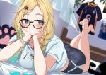  1girl absurdres aizawa_ema aizawa_ema_(4th_costume) bed black-framed_eyewear black_shorts blonde_hair blue_eyes blue_shirt blush braid cat_hair_ornament curtains dolphin_shorts feet_up glasses gradient_hair hair_ornament hairclip head_rest highres karasuno_volleyball_uniform lying midriff_peek multicolored_hair on_bed on_stomach see-through_curtains shiro_marimo shirt short_shorts shorts solo swept_bangs t-shirt twin_braids virtual_youtuber vspo! 