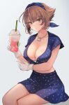  1girl alternate_costume black_skirt blush breasts brown_hair cleavage drink drinking_straw earrings gloves green_eyes grey_background hair_between_eyes highres holding holding_drink jewelry kantai_collection kasumi_(skchkko) large_breasts mutsu_(kancolle) necklace polka_dot_skirt short_hair skirt solo white_gloves 