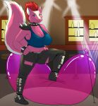  anthro balloon beowulf100 big_breasts blue_eyes boots breasts cleavage clothed clothing collar crop_top female footwear fur hair hands_on_hips hi_res looking_at_viewer looner mammal mephitid nightclub pink_body pink_fur red_hair shirt shoulder_pads skunk solo spiked_collar spikes step_pose threatening topwear torn_clothing 