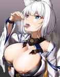 1boy 1girl animal_ears areola_slip areolae azur_lane blue_eyes breasts cleavage collar collarbone commander_(azur_lane) eating fangs fox_ears giant giantess gradient gradient_background grey_background hand_up highres holding holding_person huge_breasts japanese_clothes kaga_(azur_lane) kimono kitsune looking_at_another multiple_tails open_mouth rakia_(ds00309) saliva short_hair size_difference solo_focus tail tongue tongue_out upper_body vore white_hair wide_sleeves wristband 